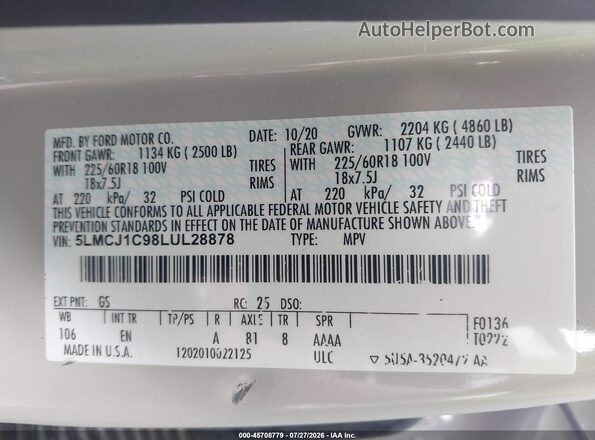5LMCJ1C98LUL28878 2020 LINCOLN CORSAIR White Engine compartment view