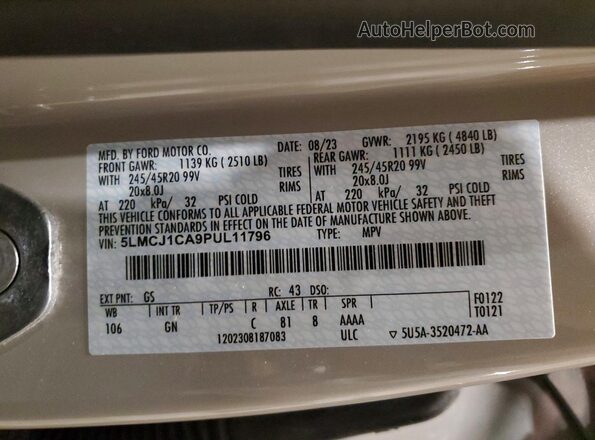 5LMCJ1CA9PUL11796 2023 LINCOLN CORSAIR Silver VIN sticker view