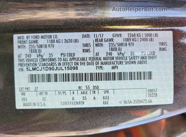 5LMCJ1D90JUL15098 2018 LINCOLN MKC Gray VIN sticker view