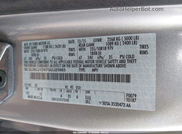 5LMCJ1D97GUJ21693 2016 LINCOLN MKC Silver Engine compartment view