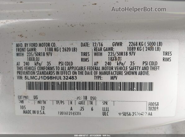 5LMCJ1D98HUL32483 2017 LINCOLN MKC Белый Вид подкапотного пространства