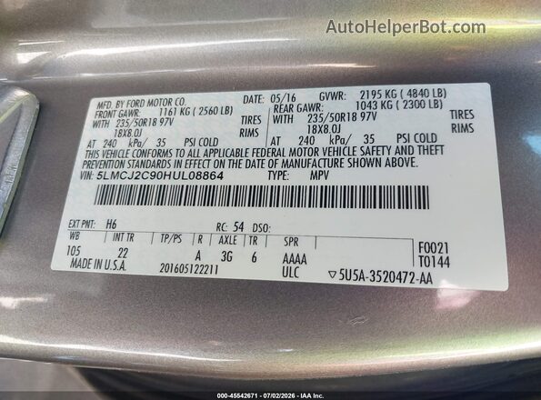 5LMCJ2C90HUL08864 2017 LINCOLN MKC Gray Widok komory silnika