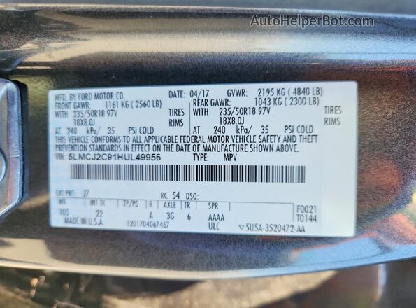5LMCJ2C91HUL49956 2017 LINCOLN MKC Gray VIN կոդի պիտակի տեսք