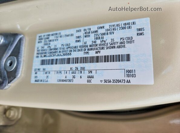 5LMCJ2C91JUL30555 2018 LINCOLN MKC Beige VIN კოდის სტიკერის ხედი