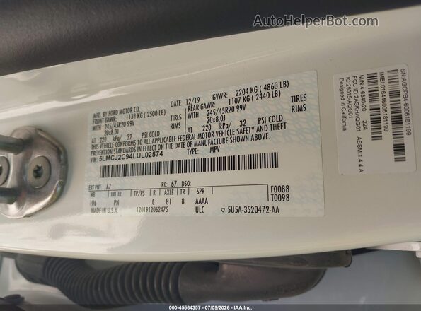 5LMCJ2C94LUL02574 2020 LINCOLN CORSAIR White Вид підкапотного простору