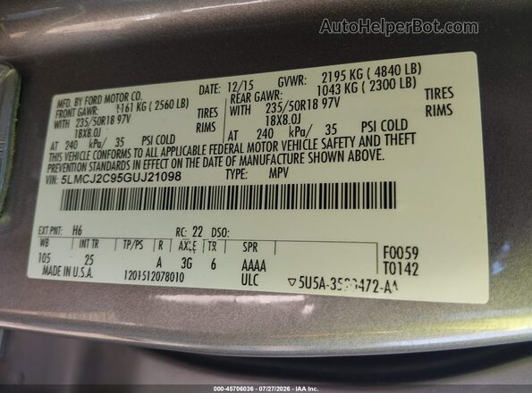 5LMCJ2C95GUJ21098 2016 LINCOLN MKC Gray Շարժիչի բաժամունքի տեսք