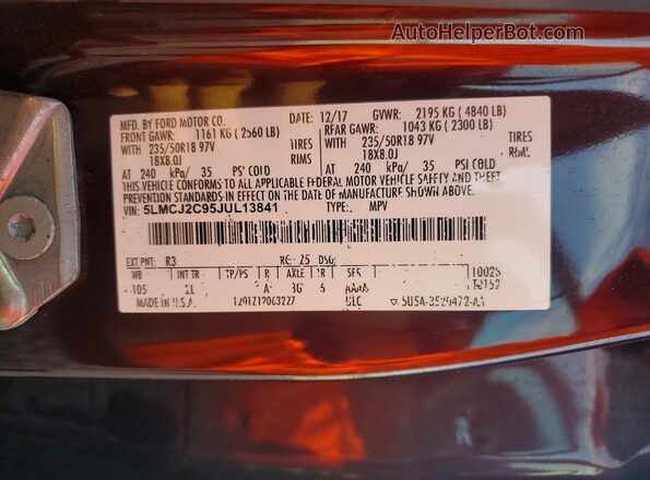 5LMCJ2C95JUL13841 2018 LINCOLN MKC Maroon Vista de la etiqueta del VIN