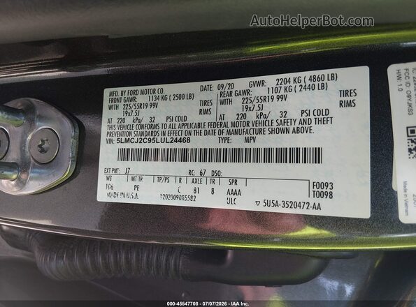 5LMCJ2C95LUL24468 2020 LINCOLN CORSAIR Gray Vista del compartimento del motor
