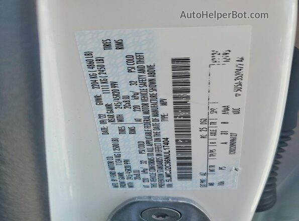 5LMCJ2C96NUL17404 2022 LINCOLN CORSAIR White Вид наклейки з VIN-кодом