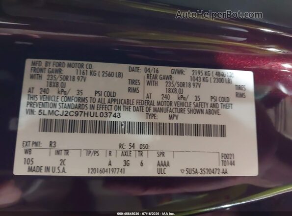 5LMCJ2C97HUL03743 2017 LINCOLN MKC Maroon Вид підкапотного простору