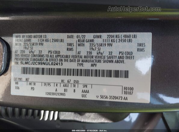 5LMCJ2C99NUL02413 2022 LINCOLN CORSAIR Gray Շարժիչի բաժամունքի տեսք