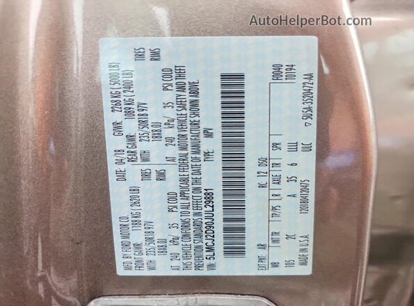 5LMCJ2D90JUL29881 2018 LINCOLN MKC Золотой Вид наклейки с VIN-кодом
