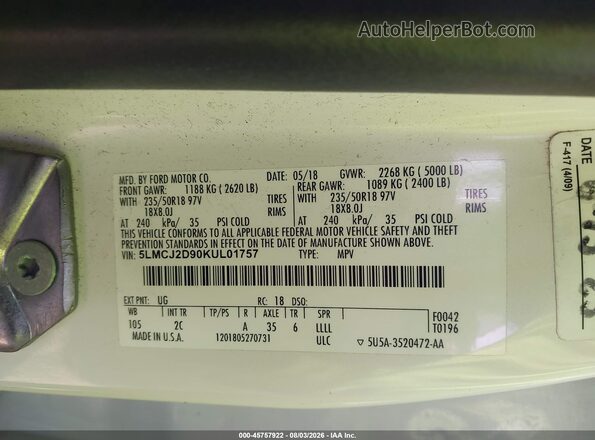 5LMCJ2D90KUL01757 2019 LINCOLN MKC White Vista del compartimento del motor