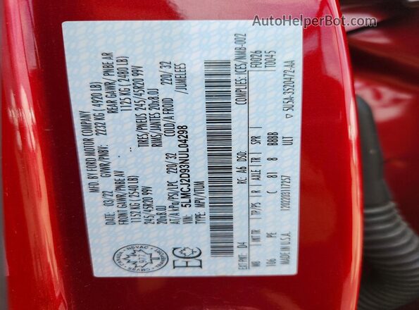 5LMCJ2D93NUL04298 2022 LINCOLN CORSAIR Red VIN კოდის სტიკერის ხედი