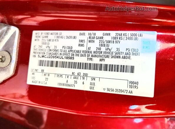 5LMCJ2D95KUL18585 2019 LINCOLN MKC Red Շարժիչի բաժամունքի տեսք