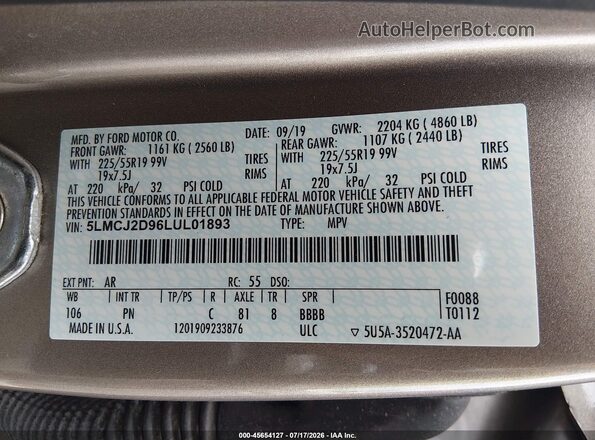 5LMCJ2D96LUL01893 2020 LINCOLN CORSAIR Gold Вид підкапотного простору