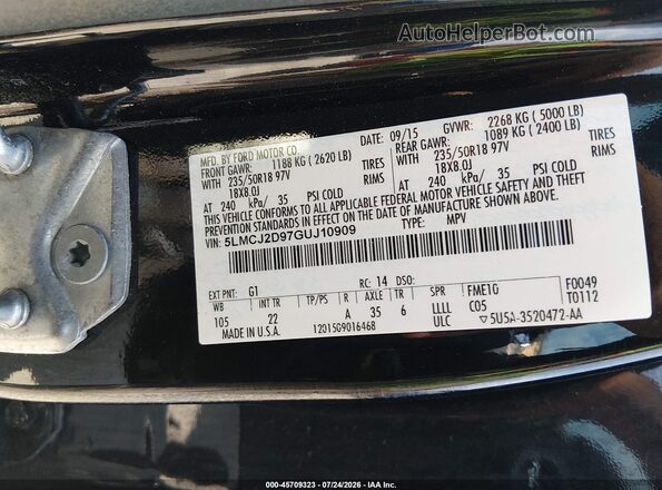 5LMCJ2D97GUJ10909 2016 LINCOLN MKC Black Շարժիչի բաժամունքի տեսք