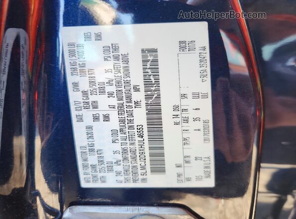 5LMCJ2D9XHUL46553 2017 LINCOLN MKC Blue Vista de la etiqueta del VIN