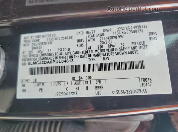 5LMCJ2DA0PUL04613 2023 LINCOLN CORSAIR Maroon VIN sticker view