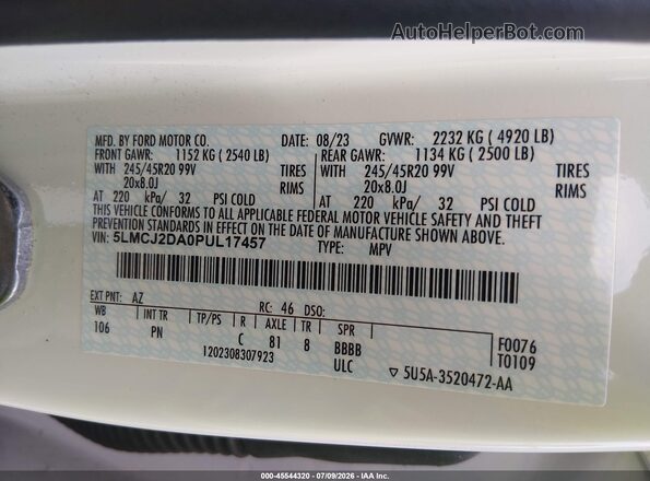 5LMCJ2DA0PUL17457 2023 LINCOLN CORSAIR White Շարժիչի բաժամունքի տեսք