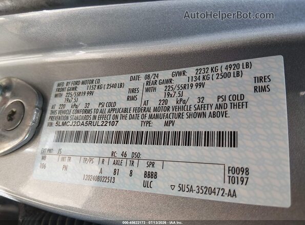 5LMCJ2DA5RUL22107 2024 LINCOLN CORSAIR Silver Vista del compartimento del motor