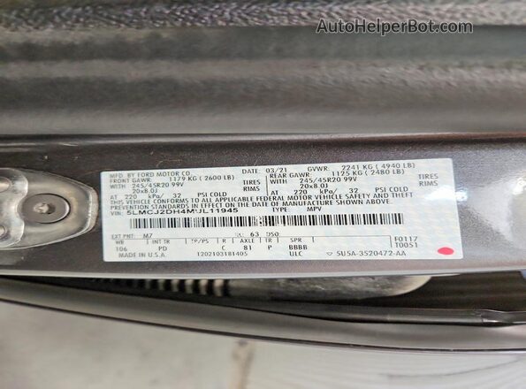 5LMCJ2DH4MUL11945 2021 LINCOLN CORSAIR Gray VIN კოდის სტიკერის ხედი