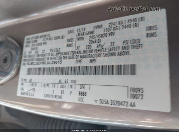 5LMCJ2DH8LUL09615 2020 LINCOLN CORSAIR Tan Вид підкапотного простору