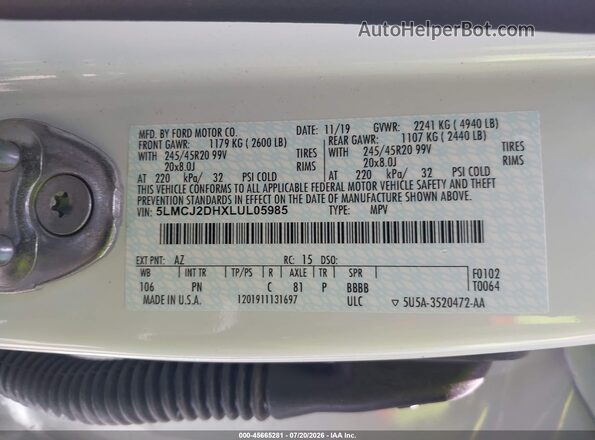 5LMCJ2DHXLUL05985 2020 LINCOLN CORSAIR White Vista del compartimento del motor