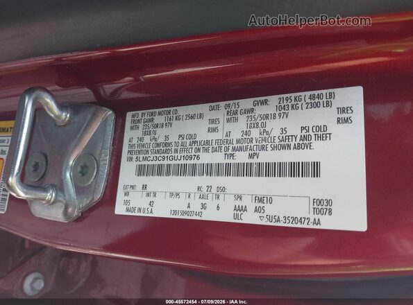 5LMCJ3C91GUJ10976 2016 LINCOLN MKC Red ძრავის განყოფილების ხედი