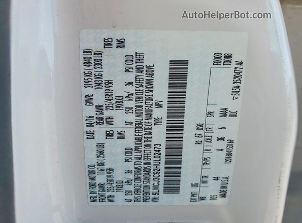 5LMCJ3C92HUL02473 2017 LINCOLN MKC White Widok naklejki z numerem VIN