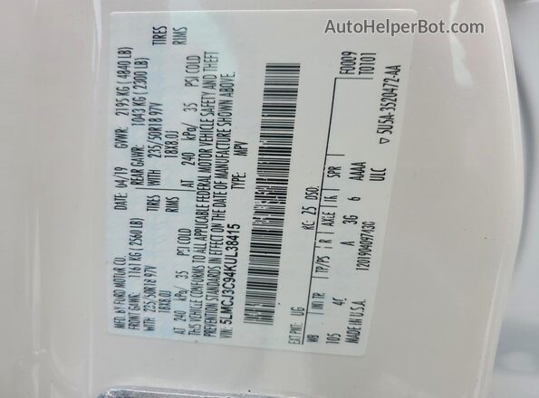 5LMCJ3C94KUL38415 2019 LINCOLN MKC White Вид наклейки з VIN-кодом