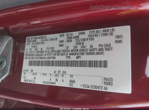 5LMCJ3C96GUJ26798 2016 LINCOLN MKC Red Engine compartment view