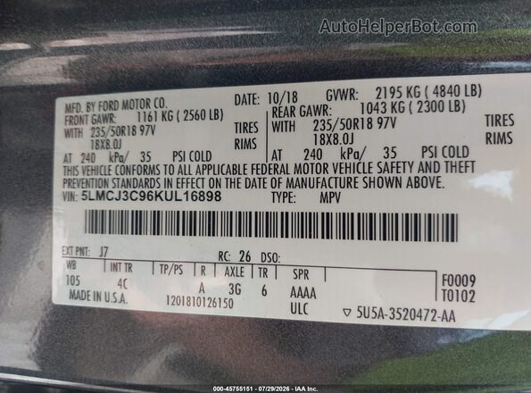 5LMCJ3C96KUL16898 2019 LINCOLN MKC Gray Vista del compartimento del motor