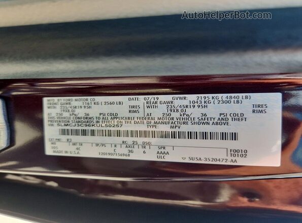 5LMCJ3C96KUL50257 2019 LINCOLN MKC Burgundy VIN կոդի պիտակի տեսք