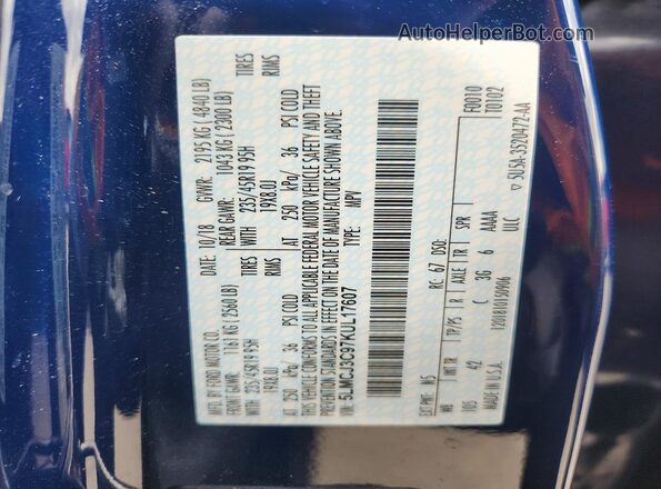 5LMCJ3C97KUL17607 2019 LINCOLN MKC Синий Вид наклейки с VIN-кодом