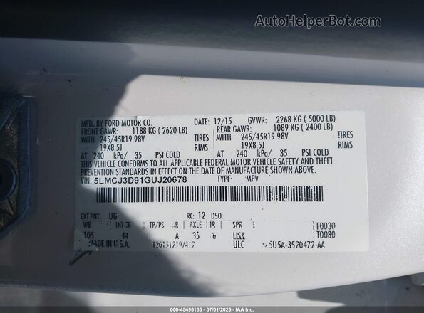 5LMCJ3D91GUJ20678 2016 LINCOLN MKC Белый Вид подкапотного пространства