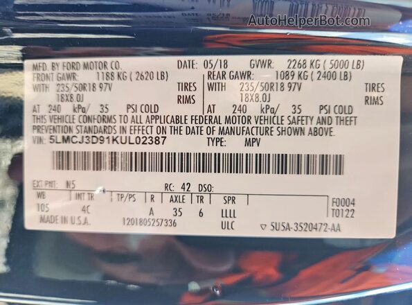 5LMCJ3D91KUL02387 2019 LINCOLN MKC Blue Вид наклейки з VIN-кодом