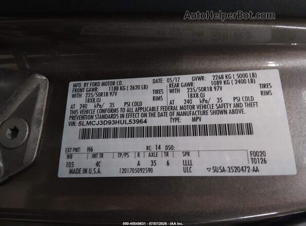 5LMCJ3D93HUL53964 2017 LINCOLN MKC Серый Вид подкапотного пространства