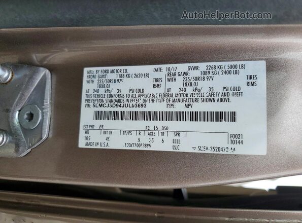 5LMCJ3D94JUL03693 2018 LINCOLN MKC Tan VIN sticker view
