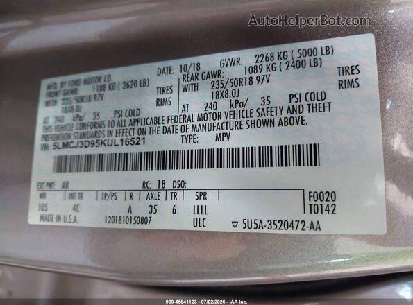 5LMCJ3D95KUL16521 2019 LINCOLN MKC Beige Widok komory silnika