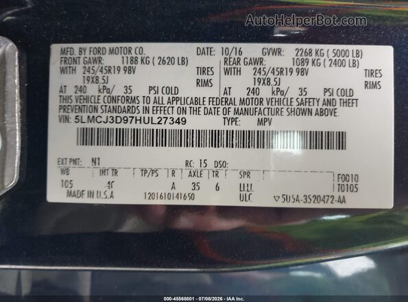 5LMCJ3D97HUL27349 2017 LINCOLN MKC Navy Շարժիչի բաժամունքի տեսք