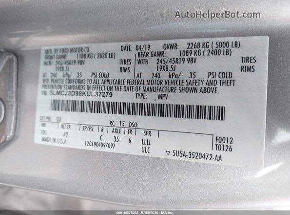 5LMCJ3D98KUL37279 2019 LINCOLN MKC Silver Widok komory silnika