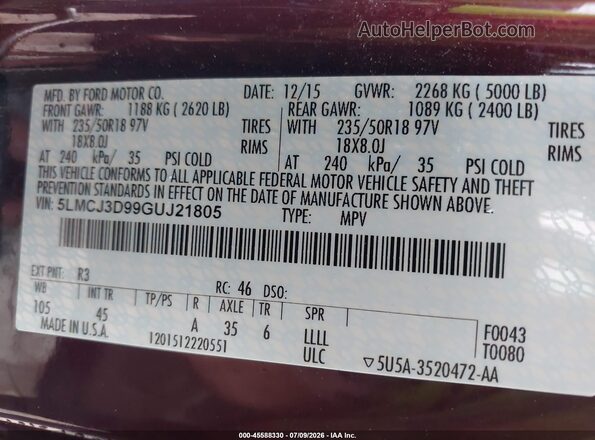 5LMCJ3D99GUJ21805 2016 LINCOLN MKC Burgundy ძრავის განყოფილების ხედი
