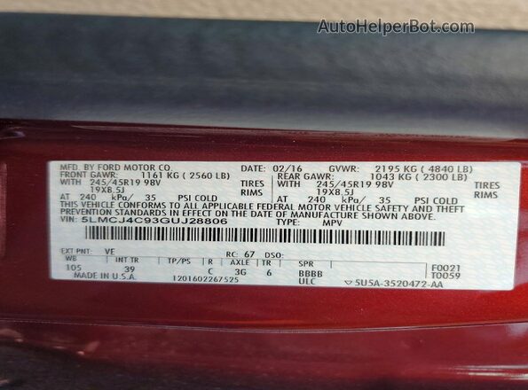 5LMCJ4C93GUJ28806 2016 LINCOLN MKC Red VIN კოდის სტიკერის ხედი