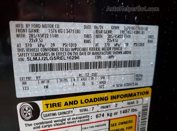5LMJJ2LG5REL16296 2024 LINCOLN NAVIGATOR Charcoal Вид наклейки з VIN-кодом