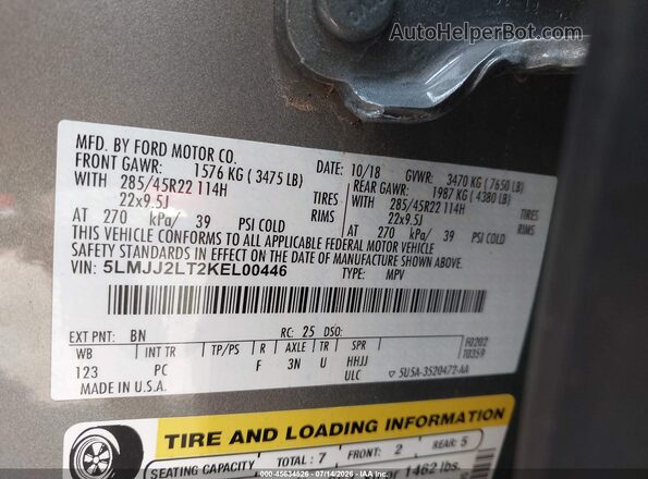 5LMJJ2LT2KEL00446 2019 LINCOLN NAVIGATOR Gray Vista del compartimento del motor