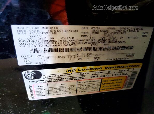 5LMJJ2LT3KEL08975 2019 LINCOLN NAVIGATOR Черный Вид наклейки с VIN-кодом