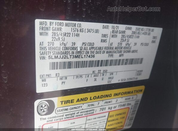 5LMJJ2LT3MEL17436 2021 LINCOLN NAVIGATOR Red Widok komory silnika