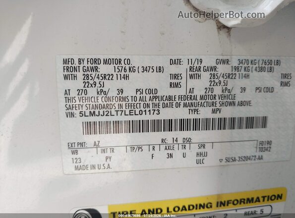 5LMJJ2LT7LEL01173 2020 LINCOLN NAVIGATOR White Շարժիչի բաժամունքի տեսք