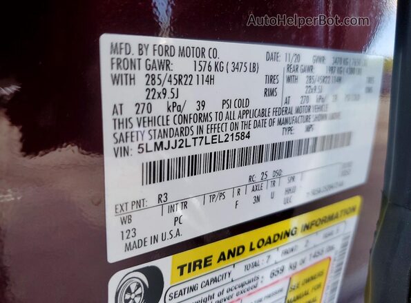 5LMJJ2LT7LEL21584 2020 LINCOLN NAVIGATOR Burgundy 360 interior view